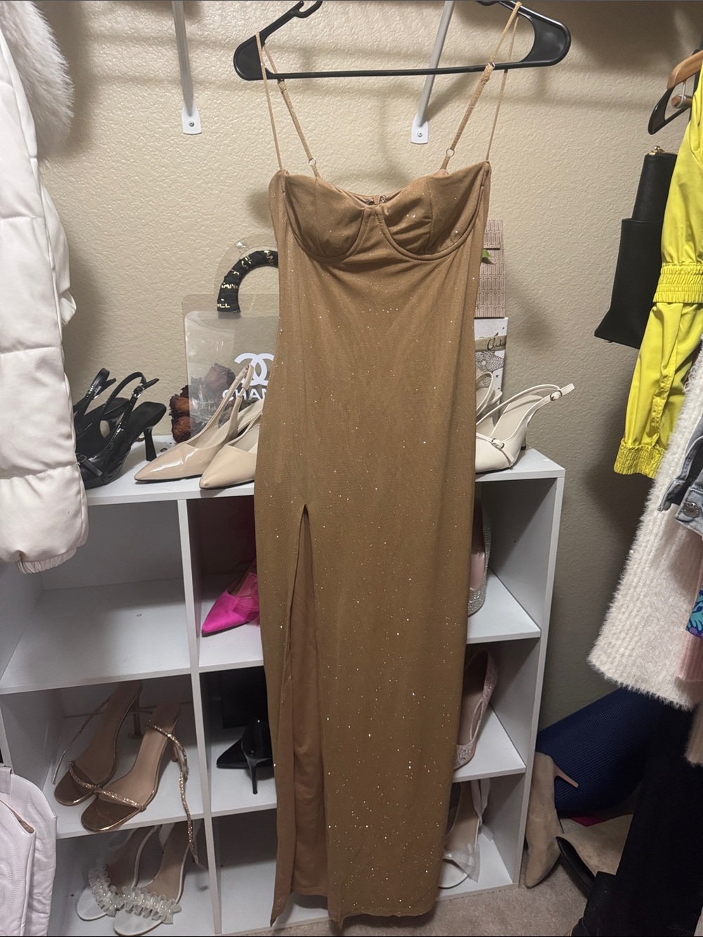 Shimmery Tan Gold Maxi Slip Dress with Side Slit